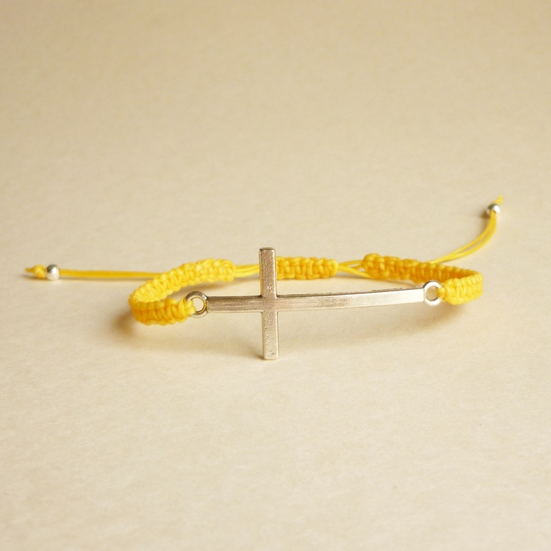 Silver Sideways Cross Yellow Friendship Bracelet with Adjustable Style - Gift for Her - Gift under 15 - Unisex