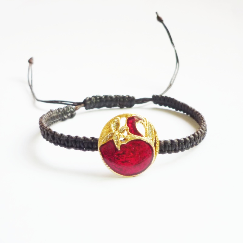 Vintage Gold Flower On Red Button In Black Adjustable Friendship Bracelet - Gift Under 15 - Gift For Her