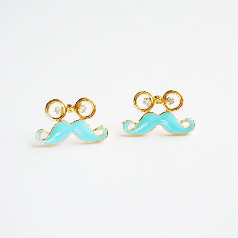 Glasses And Blue Mustache Stud Earrings - Gift For Her - Gift Under 10
