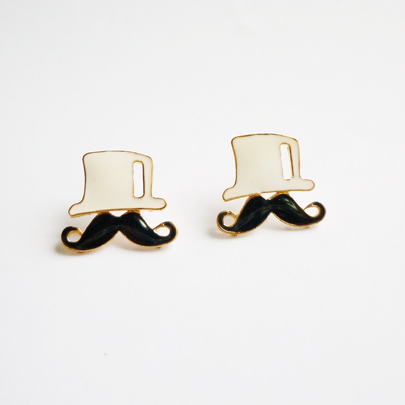 White Hat And Black Mustache Stud Earrings - Gift For Her - Gift Under 10