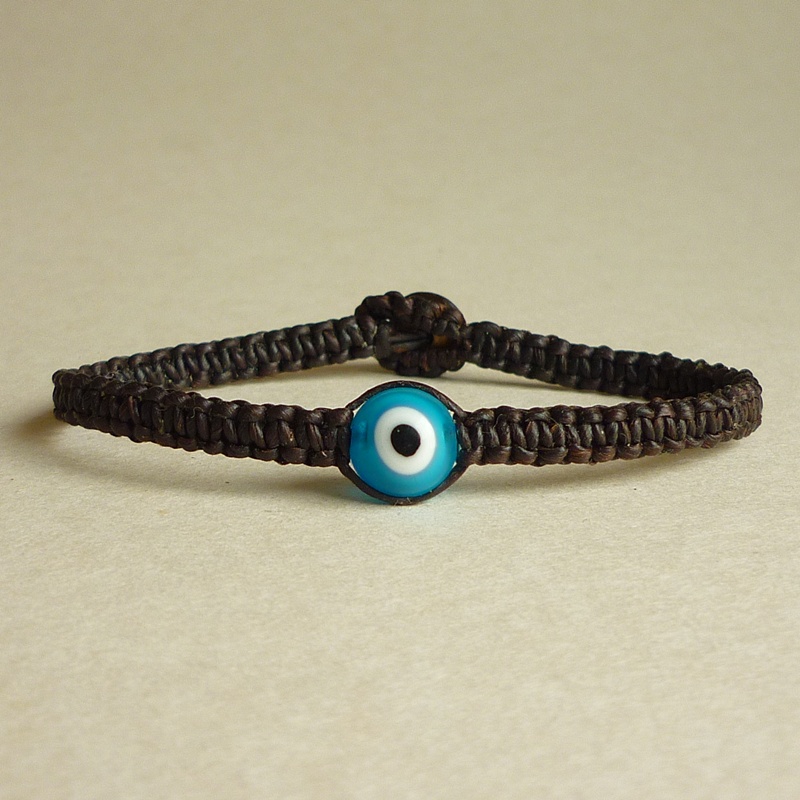 Bright Blue Evil Eye with Black Wax Cord Friendship Bracelet - Gift under 10 