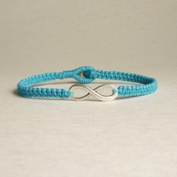 Blue Infinity - Simple Single Silver Infinity Sign/Eight woven with Turquoise Blue Wax Cord Bracelet / Wristband - Customized Bracelet